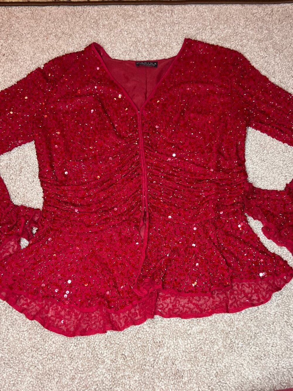 Vintage Marina Red Sparkly Long Sleeve Top Clips in Front Fairy Goth Princess L